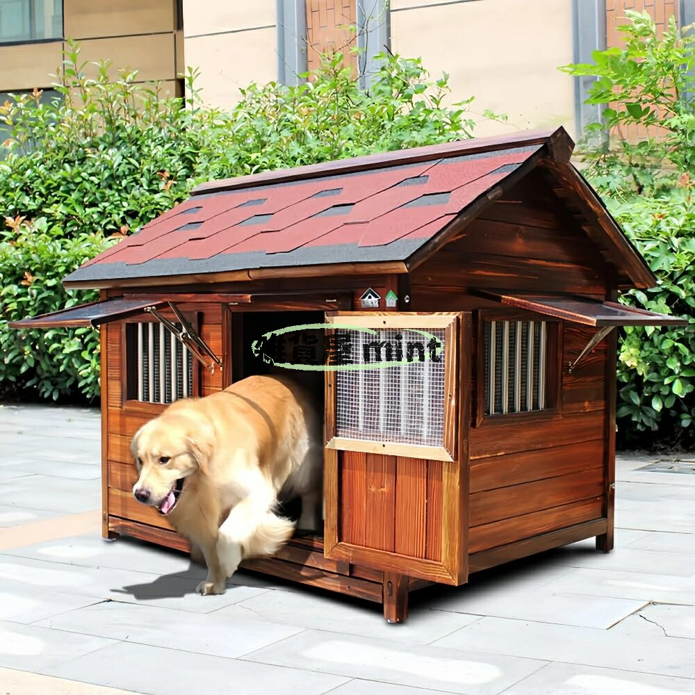 大型犬・中型犬用 犬小屋 屋外木製ペットハウス ドア付き 窓付き 全天候型 防風 防雨 断熱 耐候設計 組み立て簡単 オールシーズン利用可能 屋外屋内 (4XLサイズ - 体長95cmまでの動物に適しています,二重窓 + 窓カバー + メッシュスクリーン)｜雑貨屋 mint