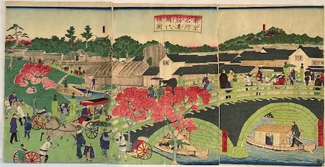浮世絵　広重三代（HIROSHIGE　III）　東京名所 筋違万代橋図　３枚続　明治6年 1873年