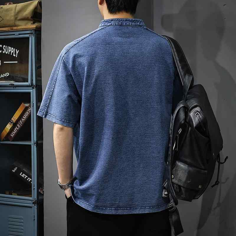 メンズ 流行り物 服 成人男性用 オシャレ 分かりやすい 成年者 かっこいい 表どおり テリー 編み物 レトロ ジーンズ  夏 ゆったり 照明ランプ色合い 半袖 T プルオーバー