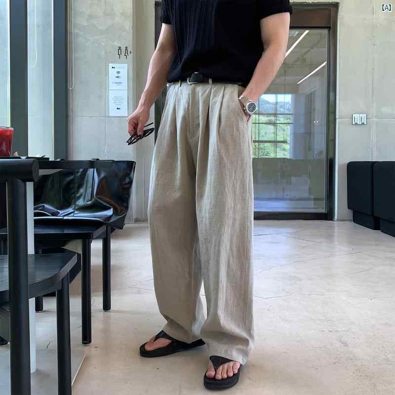 レッグ カジュアル 軽量 韓国 ストレート メンズ コーデ 薄手 夏用 高級 ワイド 韓国ファッション メンズ オシャレ ダブルプリーツ リネン ワークウェア ファッション パンツ｜ミントモード