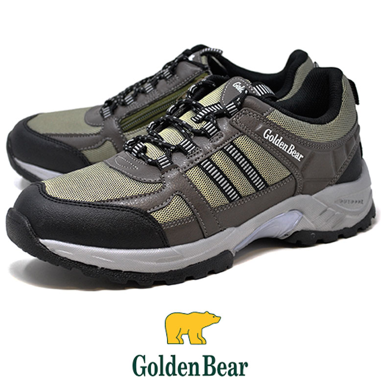 防水 スニーカー ゴールデンベア メンズ Golden Bear 147 カーキ 雨 防滑 ファスナー付き レインシューズ レイン