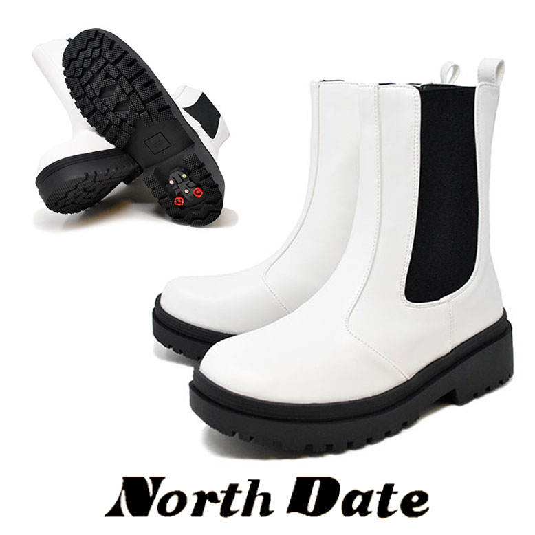 スパイク スノーブーツ レディース カジュアル NORTH DATE 防寒 冬靴 ノースデイト 7201 ホワイト 白 撥水 雪 滑りにくい サイドゴア ファスナー ワークブーツ