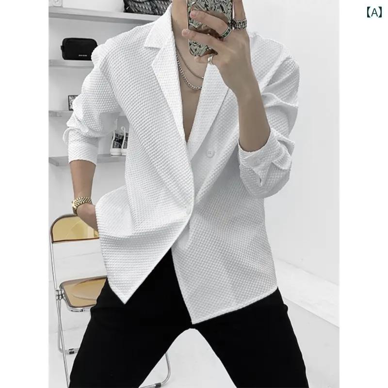 メンズファッション春夏秋冬かっこいいオシャレモテ男性用紳士服服韓国シンプル大人高級ワッフルキューバカラー長袖シャツメンズゆったりクール質感のスーツカラーシャツ|激安ショップ UEDA