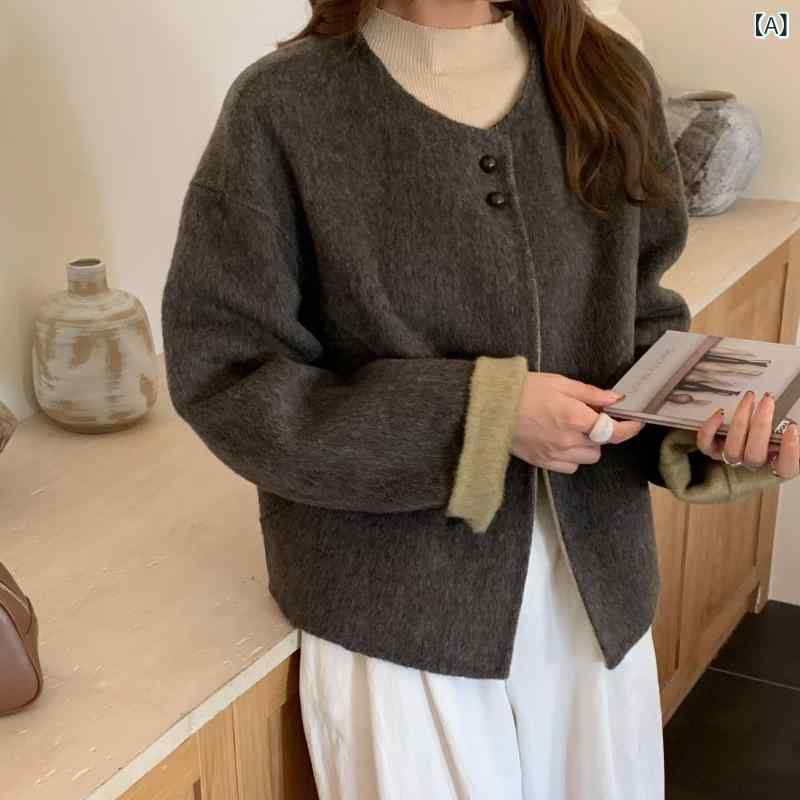 オール ウール カーディガン 韓国 ラウンドネック 厚手 両面 コート レディースシングルボタンショートウールコート|MIRAIYUKI
