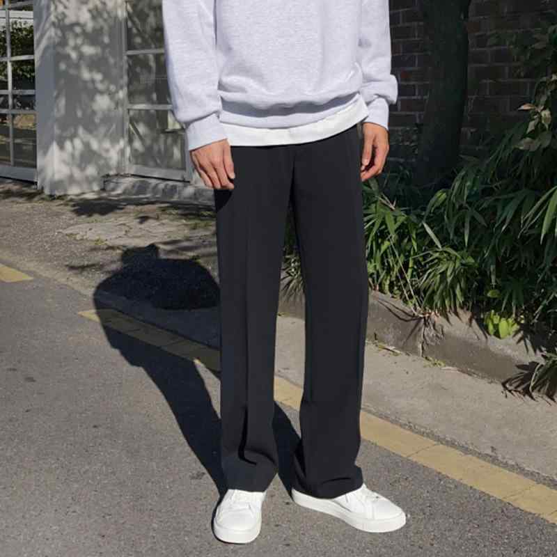 スラックス 男性用 ゆったり ワイド ストレート ドレープ感 とろみ素材 長ズボン 春秋 韓国ファッション ストリート カジュアル 通勤 オフィス ビジネス きれいめ ビジカジ 綿 ブラック|MIRAIYUKI