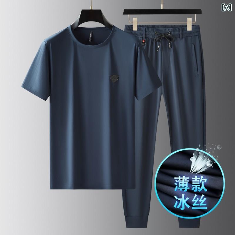 スポーツウェア メンズ 接触冷感 夏用 薄手 半袖Tシャツ カジュアルパンツ ナイロン 軽量 吸湿速乾 伸縮性 普段使い 部屋着 ストレート 2点セット|MIRAIYUKI