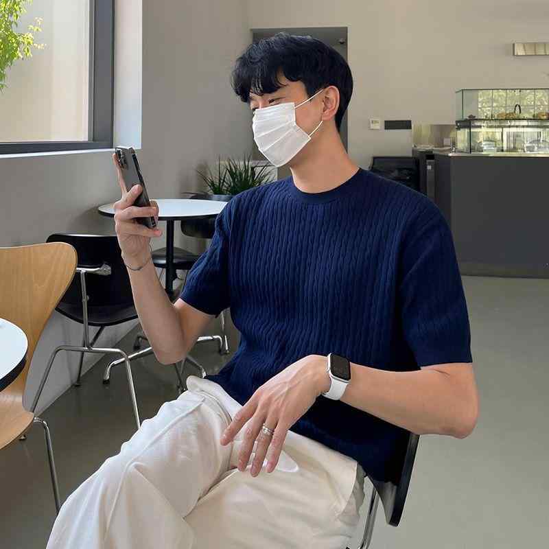 メンズ Tシャツ 短袖 ニット 麻花 韓系 ゆったり 丸首 ストライプ 夏季 ナイロン 混 紡 接触冷感 吸湿速乾 軽量 伸縮性 通勤 普段使い アウトドア ネイビー ・柑其|MIRAIYUKI