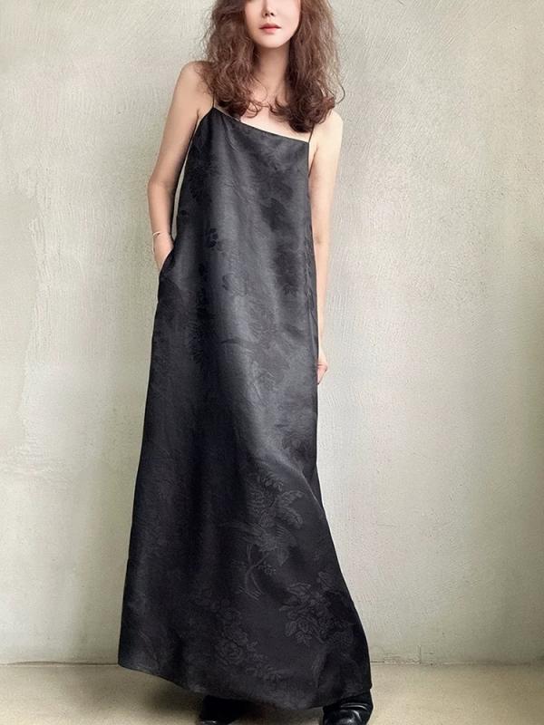 ワンピース レディース 再生繊維 高級感 ジャガード織り オフショルダー 吊り ノースリーブ ロング丈 Aライン ゆったりウエスト ヴィンテージ加工 ストリート カジュアル 普段使い 黒 春夏|MIRAIYUKI