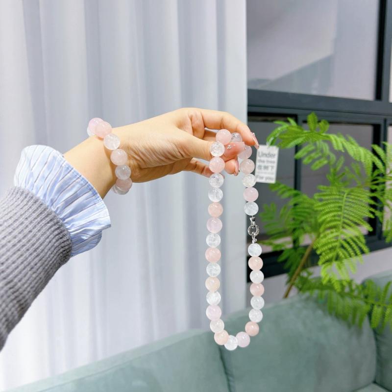 ブレスレット レディース ピンク系 水晶 ラウンドビーズ エレガント 華奢見え 電気メッキ加工 手飾り ネックレス セット｜MIRAIYUKI