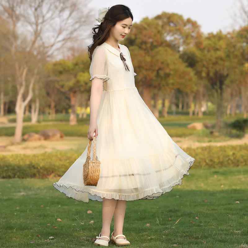 衣裳 レディース 清楚 愛くるしげ 半袖 ひざ下 A伝達ルート 泡 姫 三鞭酒色 ちょう挙げ句のはて