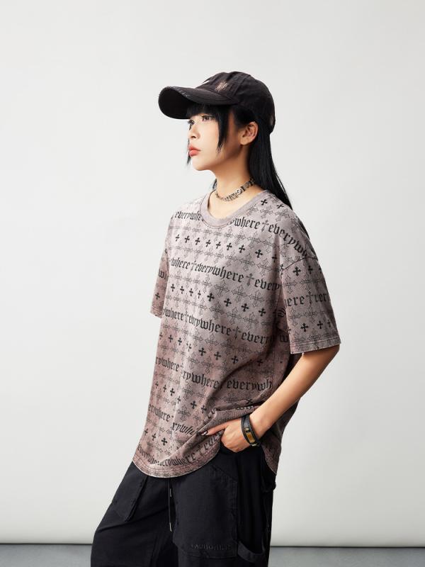 プルオーバー レディース 表どおり 半袖 綿織物 幾何学学飾りつけ ゆったり トップス 黒茶赤銅色 黒鉛薄墨色 不都合産業 古着風