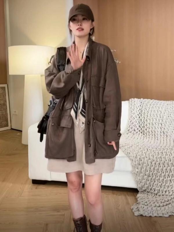 アウター レディース リネン 麻 ゆったり 長袖 襟付き添い人 上衣 上衣 日韓表現スタイル 心地よい クルミ色