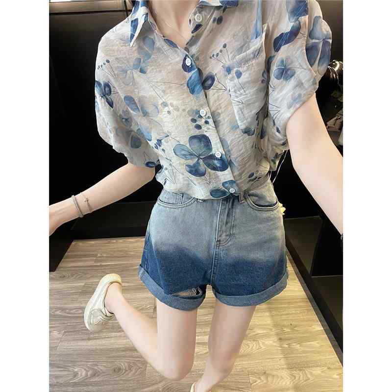 セットアップ レディース 夏 半袖トップ グラデーション デニムショートパンツ 上下仕掛ける S M L XL 2XL 好いたらしいめ 心地好い 可愛らしい 普段使い