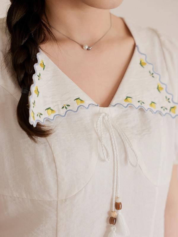 プルオーバー レディース 大層らしい大きさ 刺しゅう 襟付き添い人 トップス 半袖 トップ 綿織物 ゆったり 当たること冷感 薄っぺら 体型取りまかなう 黒いこと 白いこと 春夏