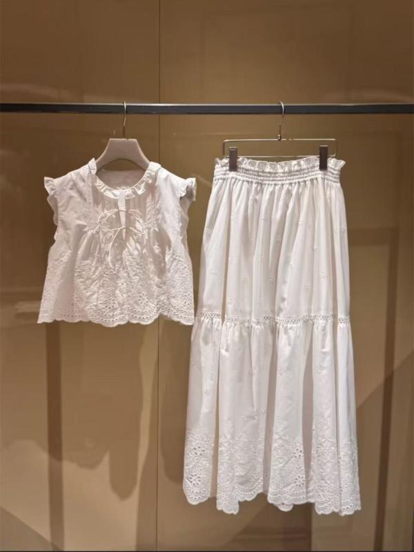 プルオーバー レディース ノースリーブ トップ スコート セットアップ 綿 刺しゅう ギャザー フラウンス 春夏 女子らしい 愛くるしい