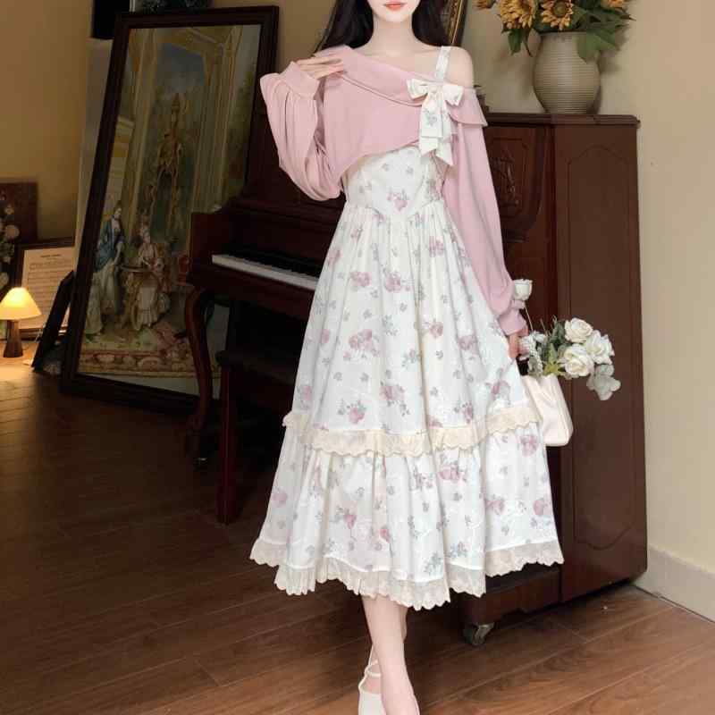 衣装セットアップ レディース 小花柄 フレンチ表現スタイル キャミソール衣装 ワンショルダートップス サクラ色 春夏 女子らしい 窈窕たる ロング丈 窈窕たる 綿織物