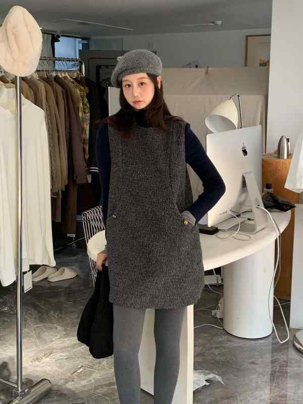 衣裳 レディース 秋冬 膝丈 ノースリーブ 表着 前掛けスコート 花の冠yd 重ね着風 羊毛 ポリエステル 薄墨色 Uのど首 愛くるしい