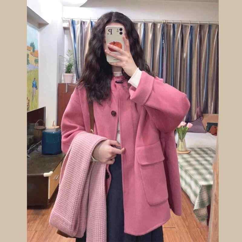 厚地の外套 レディース 秋冬 ボンネット付き添い人 サクラ色系 毛織 上衣 遊撃手丈 小っちゃい 好いたらしいめ 愛くるしげ 普段使い走り 通い