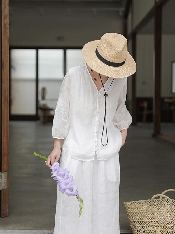 プルオーバー レディース ?麻 Vのど首 花柄 刺しゅう トップス 7分袖 トップ ゆったり 冷やりとした感