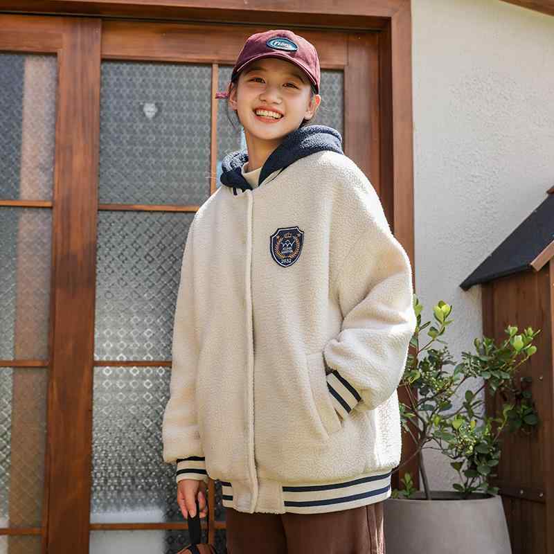 上衣 ガールズ 朦々たる 防寒 アウター 高校生 中学生 フリース 裏起毛 刺・墸 あったか ゆったり 長袖 ボンネット付き添い人 紺色 ベージュ