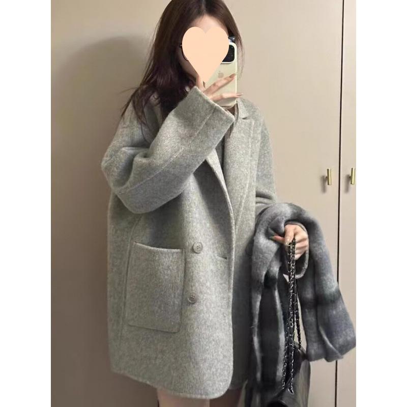 厚地の外套 レディース 遊撃手丈 薄墨色 羊毛 アウター 晴れ晴れしい感 小っちゃい 韓国 オシャレ あったか 通い