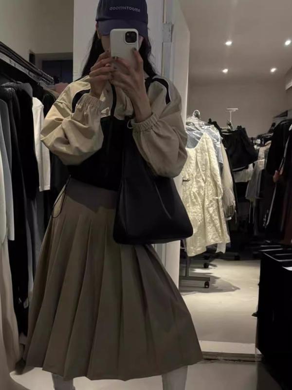 スコート 亭主もち用 韓国 オルチャンスタイル 筋目スコート ロング丈 A伝達ルート 晴れ晴れしい感 無地 グレージュ ポリエステル原料品 普段使い走り 事務室 心地よい 秋冬