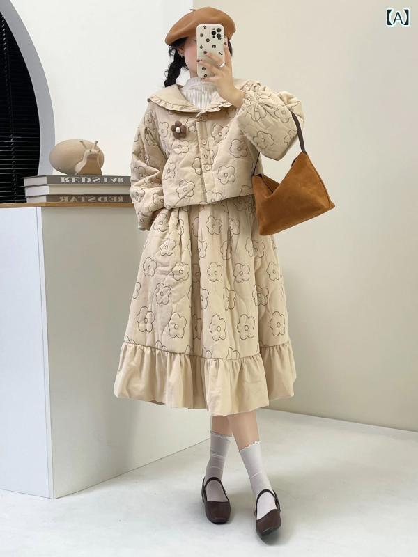 セットアップ レディース コーデュロイ 刺繍 花柄 スカートスーツ カーキ色 焦茶色 森ガール ナチュラル ガーリー|MIRAIYUKI