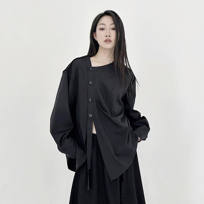 プルオーバー レディース 春夏 長袖 開襟 襟付き添い人 ギャザー 当たること冷感 ポリエステル ナイロン 黒 白 黒いこと 象牙色