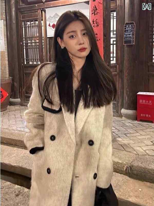 厚地の外套 レディース 小っちゃい 秋冬 羊毛 テーラード ロング丈 ダブル乳ぶさ ゆったり 韓国風 心地よい 燕麦色 薄墨色