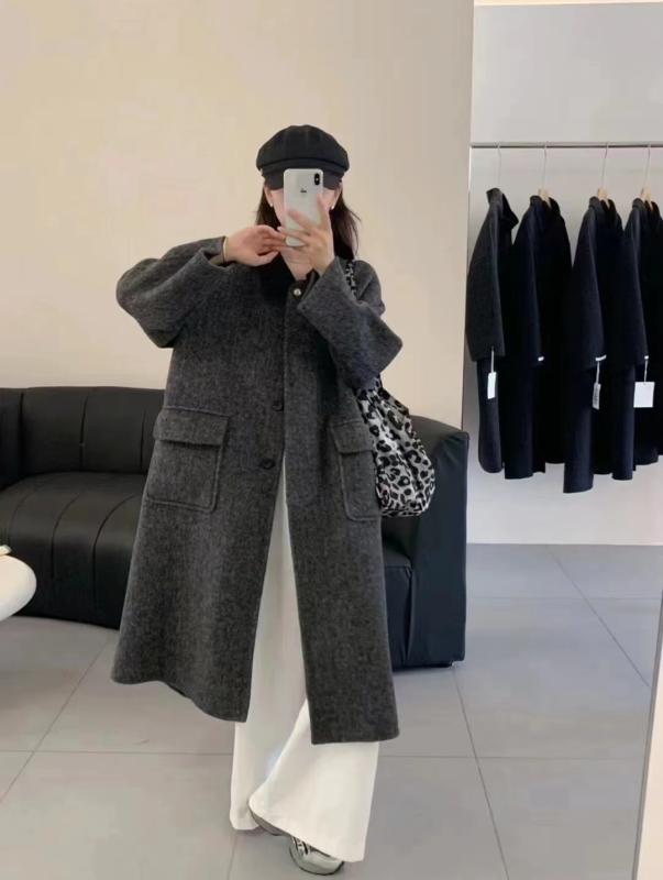 厚地の外套 レディース 秋冬 羊毛 人字飾りつけ ダブル乳ぶさ ゆったり 襟 うつり変わり バイ色合い ロング丈 深薄墨色 深・稀色 衣嚢付き添い人 愛くるしげ 目あたらしい