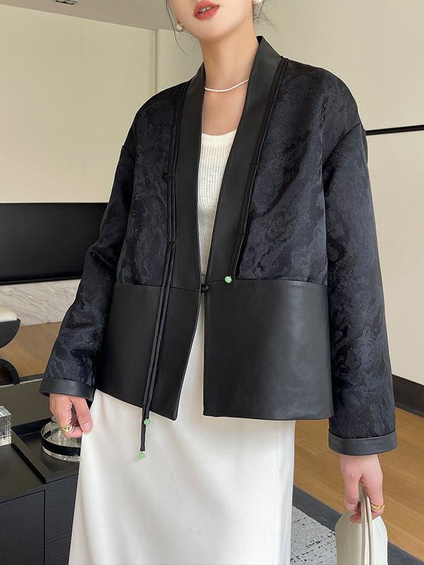 レディース なめし革 上衣 瀬戸もの表現スタイル 提花 Vのど首 羊革 黒 黒いこと ゆったり 長袖 真っただ中丈 レトロ 読みもの 熱気お定まり