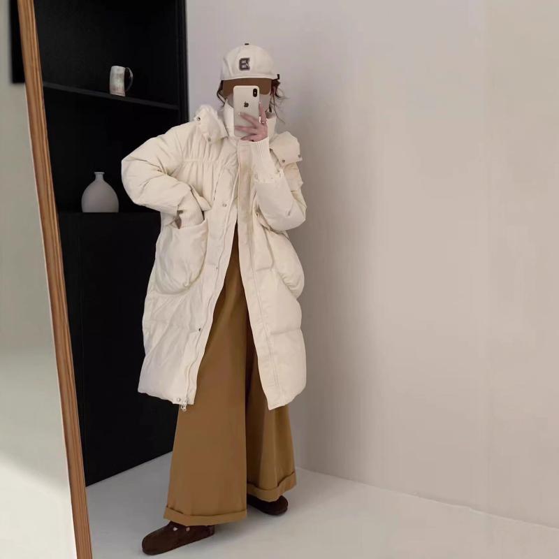 落ち込む上衣 レディース 中綿 ロング丈 ボンネット付き添い人 秋冬 ゆったり 朦々たる あったか アウター 防寒着 軽さ 成人女性服 心地好い 可愛らしい 今めかしい 韓国 ポリエステル 米白 黒 サクラ色系 カーキ 薄墨色 赤銅色