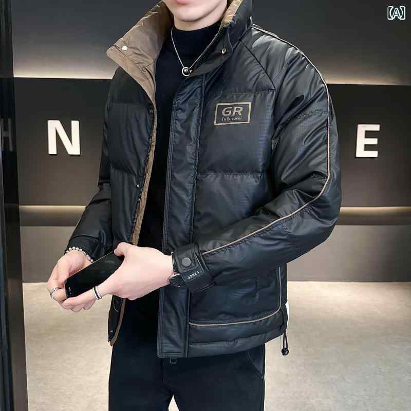 羽?服 メンズ 男性用 ダウンジャケット 立襟 配色 防寒 軽量 暖かい ショート丈 トップス アウター 秋冬 ブラック 黒|MIRAIYUKI