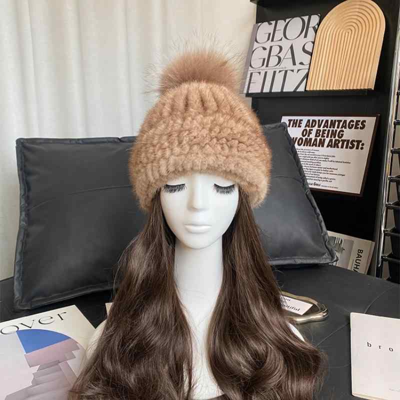 編み物帽 レディース 秋冬 防寒 生あたたかい ビーニー ミンクのコート毛皮 本革 韓国風 保温 イヤーマフ ポンポン付き添い人 心地よい ゆったり 象牙色 赤銅色 薄墨色 黒いこと ぶどう酒赤いこと