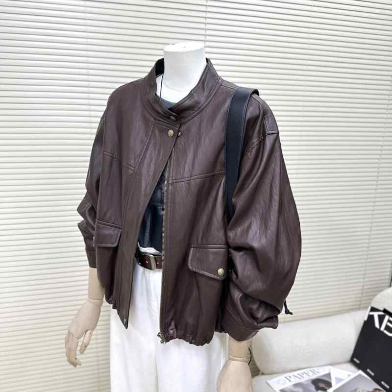 上衣 レディース 晴れ晴れしい感 ホンブルグ帽 フェイクレザー 赤いこと赤銅色 襟付き添い人 遊撃手丈 アウター ゆったり 長袖 秋  おお嬢さん表現スタイル