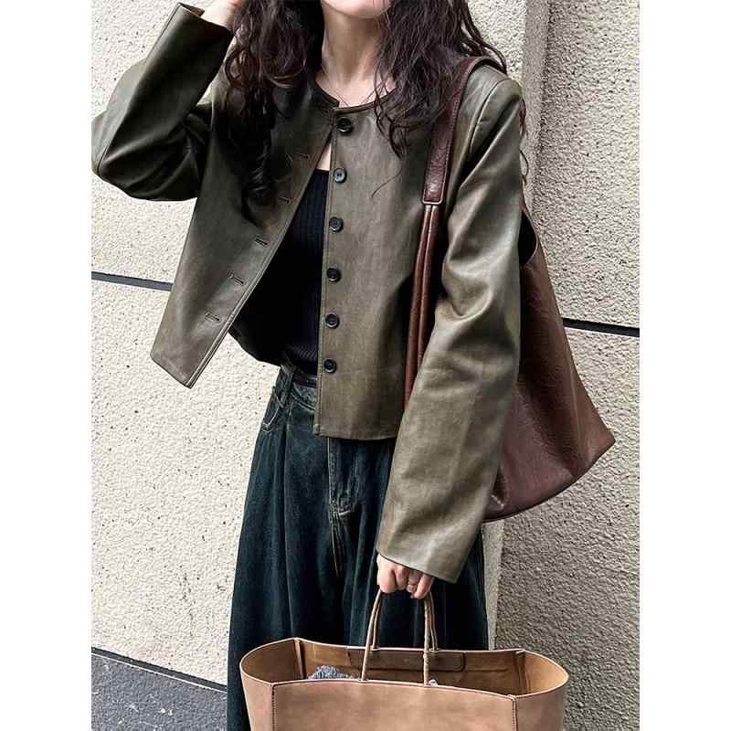 上衣 レディース 秋冬 なめし革上衣 革ジャン ライダースジャケット ゆったり ミリタリー 普段使い走り 心地よい表現スタイル 黒いこと カーキ