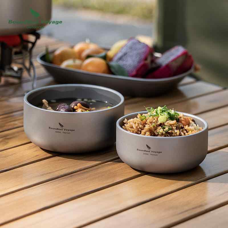 食器 飯碗 チタン製 二層社会システム サラダ菜どんぶり鉢 アウトドア 難民キャンプ 丸焼き 薄墨色 軽さ