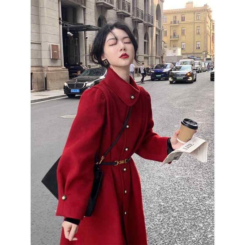 厚地の外套 レディース 秋冬 赤 ロング丈 羊毛 ポリエステル ゆったり 韓国 レトロ 雅びやか 雅びやか 好いたらしいめ 御洒落 愛くるしい
