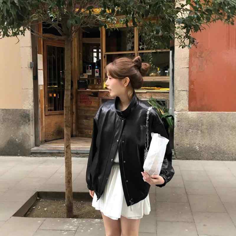 上衣 レディース 春 シングル前胸部 照明ランプ色つや フェイクレザー アウター 普段使い走り 韓国 心地好い 長袖 黒