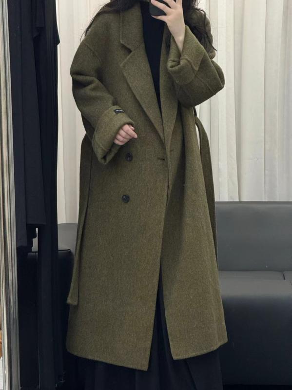 厚地の外套 レディース 秋冬 ダブル乳ぶさ ロング丈 羊毛 アウター ゆったり 朦々たる 生あたたかい 通い 水墨薄墨色 カーキ 濃灰色黒いこと
