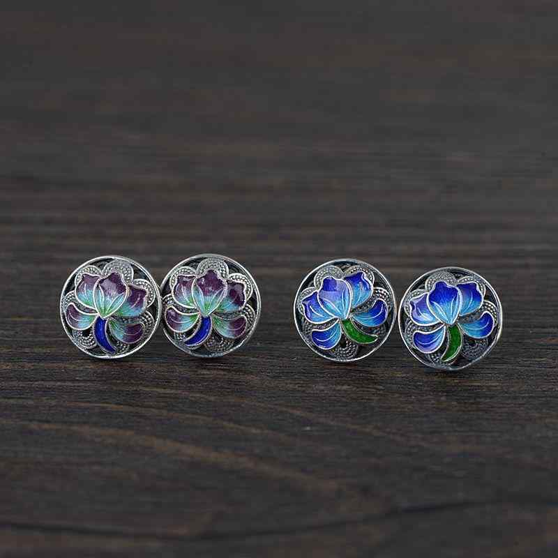 ピアス レディース お上さん用 S925 しろがね色 景泰藍 焼付け 名取り草 花 スタッドピアス 青碧 ペンキ塗り