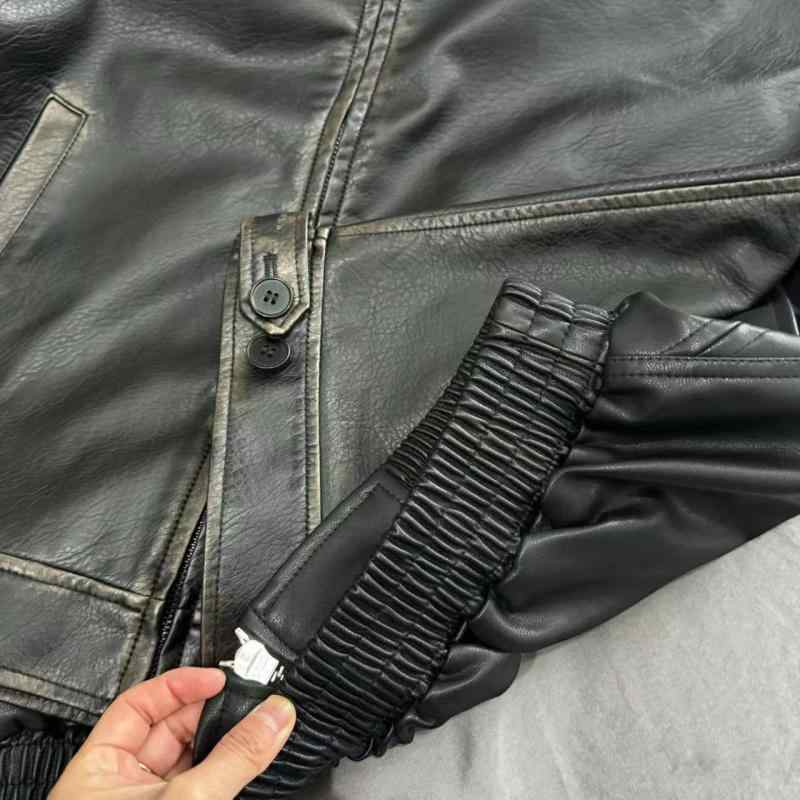 なめし革上衣 成人男性用 翻襟 ライダースジャケット ヴィンテージ工業 PUなめし革 ゆったり 黒いこと