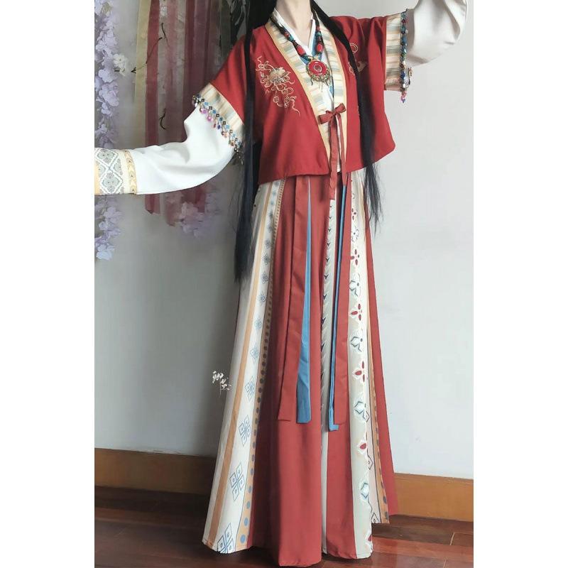 瀬戸もの御召しもの レディース 馬鹿でかい大いさ 日月 唐風 漢服 セットアップ 民族風 刺しゅう グラデーション ポリエステル 遊撃手丈 長袖 トップス スコート