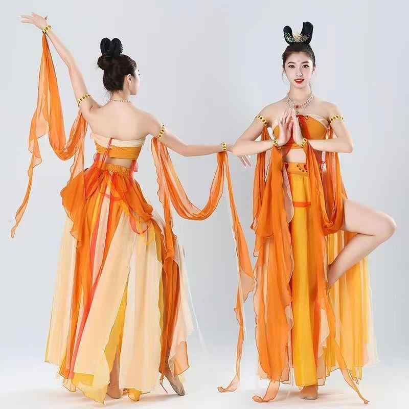瀬戸もの御召しもの レディース 敦煌風 御召しもの 異国風 社交ダンス服 雪紡 漢服 御召しもの 演じる 告げ知らせる会 一こま御召しもの S M L XL 18-24歳 ・届? 錦綸 オレンジ色