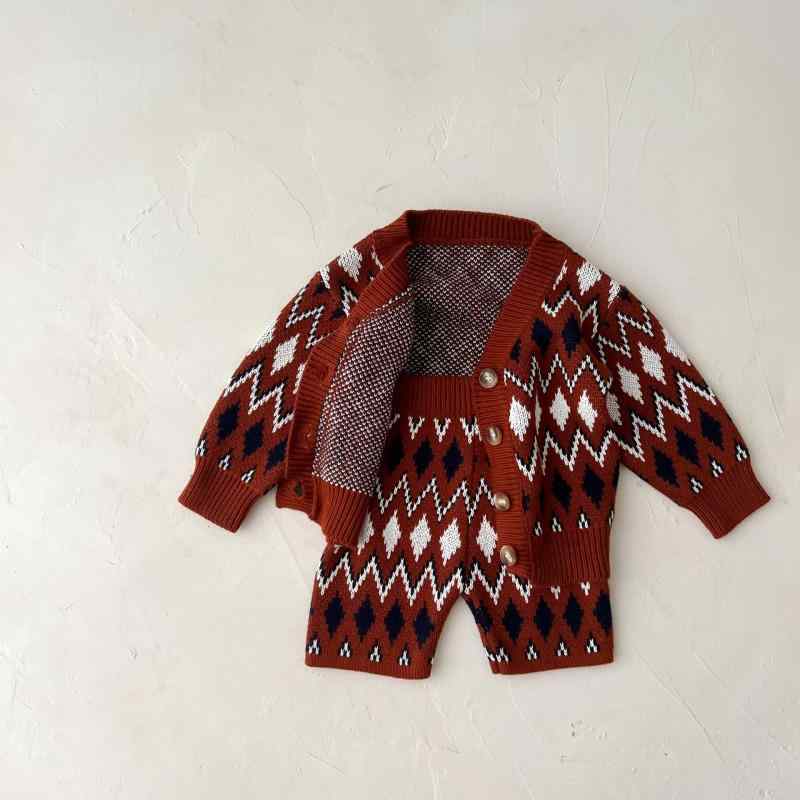 ベビー服 編み物 セットアップ 秋冬 御嬢さん レトロ ティーシャツ 長袖 トップス ズボン下 上下 2点書き割り 綿 66糎 73糎 80糎 90糎 100糎