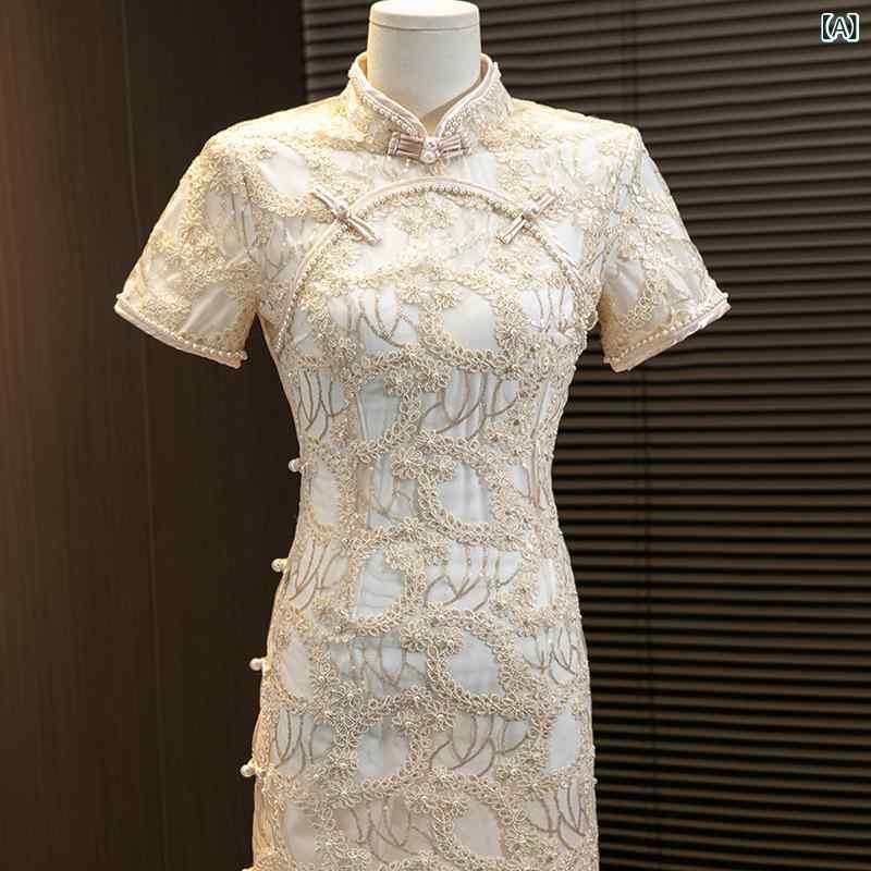 チャイナドレス レディース 刺繍 シャンパンカラー 膝丈ワンピース パーティードレス 結婚式 披露宴 お呼ばれドレス 二次会 フォーマル 立ち襟 半袖 ポリエステル|MIRAIYUKI