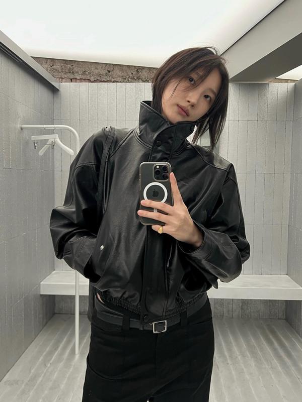 上衣 レディース 韓国 翻襟 フェイクレザー 黒いこと 黒 長袖 濫りがわしい ゆったり 遊撃手丈 なめし革上衣 アウター