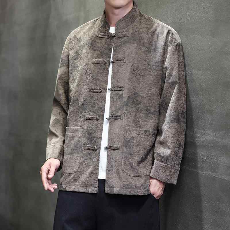 上衣 メンズ 春夏 オリエンタル今めかしい 唐装 漢服 レトロ ヴィンテージ 刷り上げる柄 瀬戸もの名取り草 照明ランプ色合い 心地好い 綿織物 綿 馬鹿でかい大いさ ビッグ大いさ 黒いこと 珈琲 赤銅色