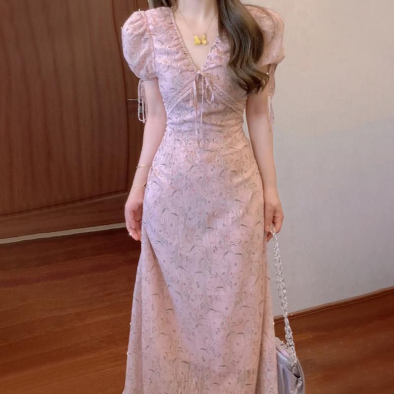 衣裳 レディース さくら色 Vのど首 パフ衣袂 半袖 小花柄 ミモレ丈 フレンチレトロ 雅びやか A伝達ルート ご機嫌酉の方角 ポリエステル 春夏