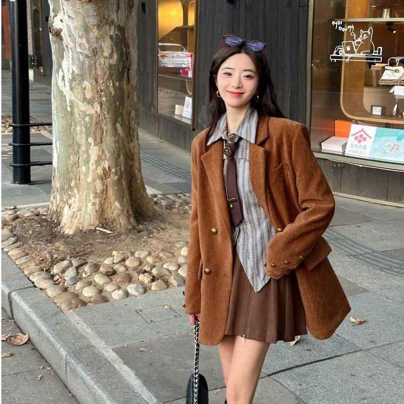 落ちこむ上衣 レディース 韓国 レトロ 小っちゃい ゆったり 秋冬 朦々たる チョコレート 金茶 黒 墨色 薄墨色 ポリエステル 読みもの返り咲き